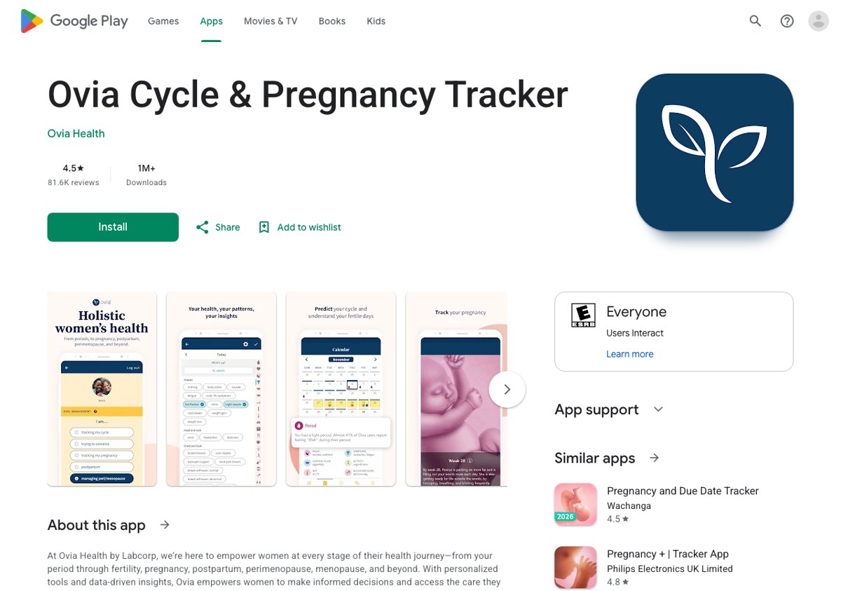Ovia|Google Play:周内容 + 工具 + 跟踪